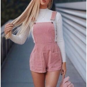 Shein pink corduroy romper short overalls front pockets grunge 90s pastel Small